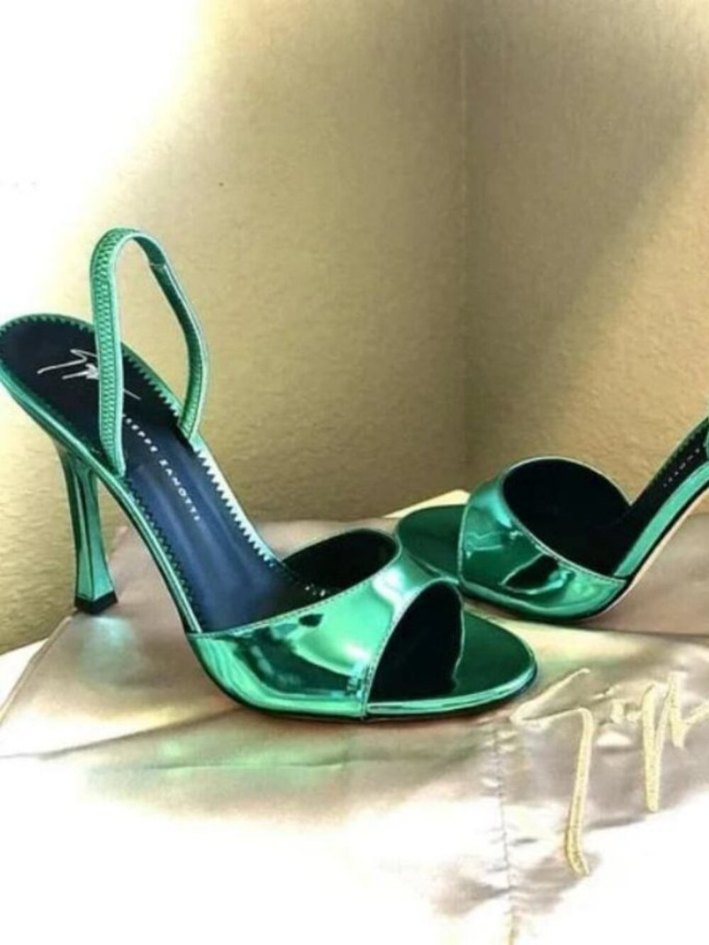 Giuseppe Zanotti Metallic Emerald Green Open-Toe Slingback Heels